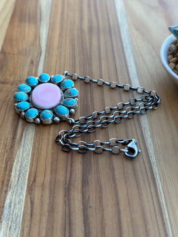 Turquoise and Pink Conch Fixed Pendant Necklace