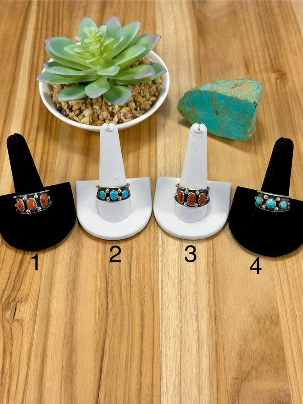 Kingman Turquoise & Coral Sterling Silver Rings