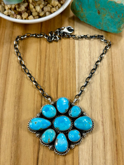 Kingman Turquoise Flower Cluster Pendant Necklace