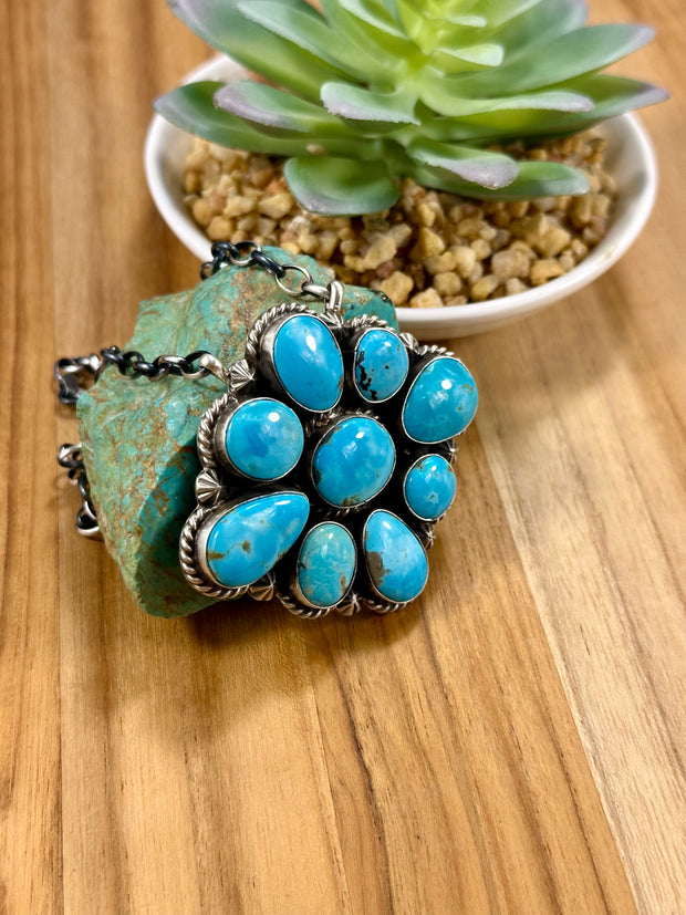 Kingman Turquoise Flower Cluster Pendant Necklace