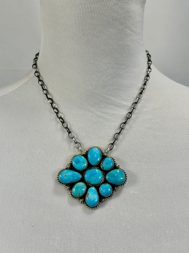Kingman Turquoise Flower Cluster Pendant Necklace