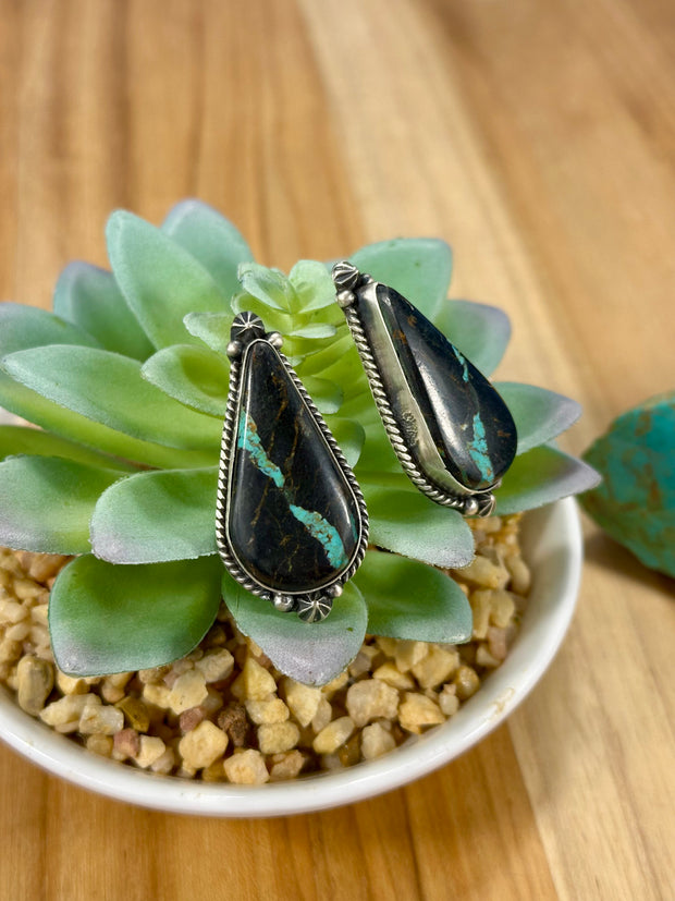 Black Jack Tear Drop Sterling Silver Earrings