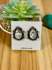 White Buffalo Tear Drop Sterling Silver Earrings