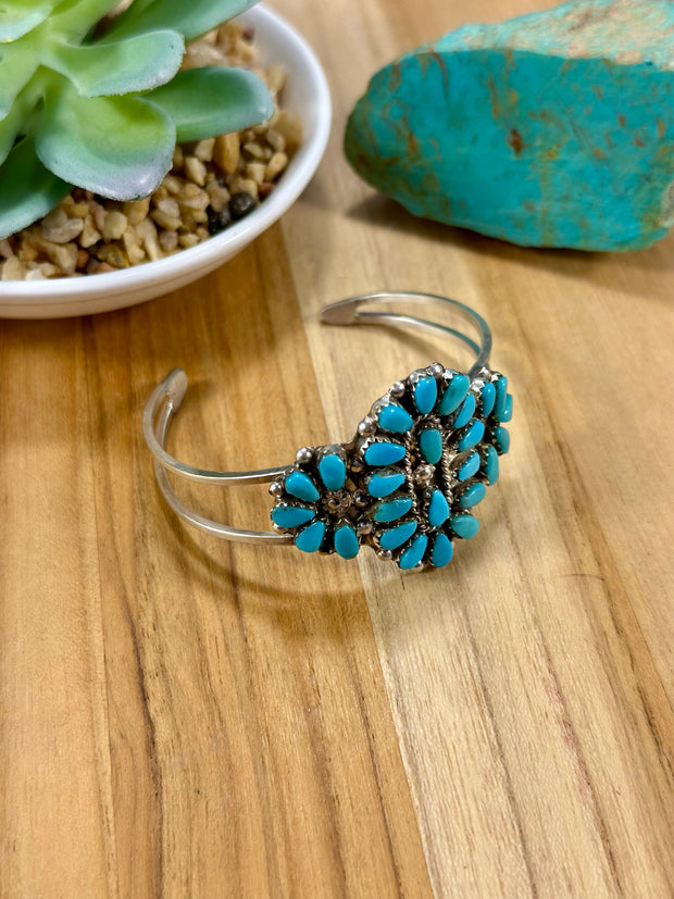 Kingman Turquoise Floral Cluster Sterling Silver Cuff Bracelet