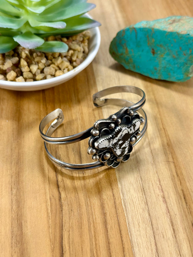 White Buffalo Cow Head Sterling Silver Bracelet Cuff