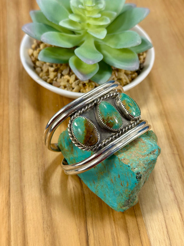 Kingman Turquoise 3 Stone Sterling Silver Cuff Bracelet
