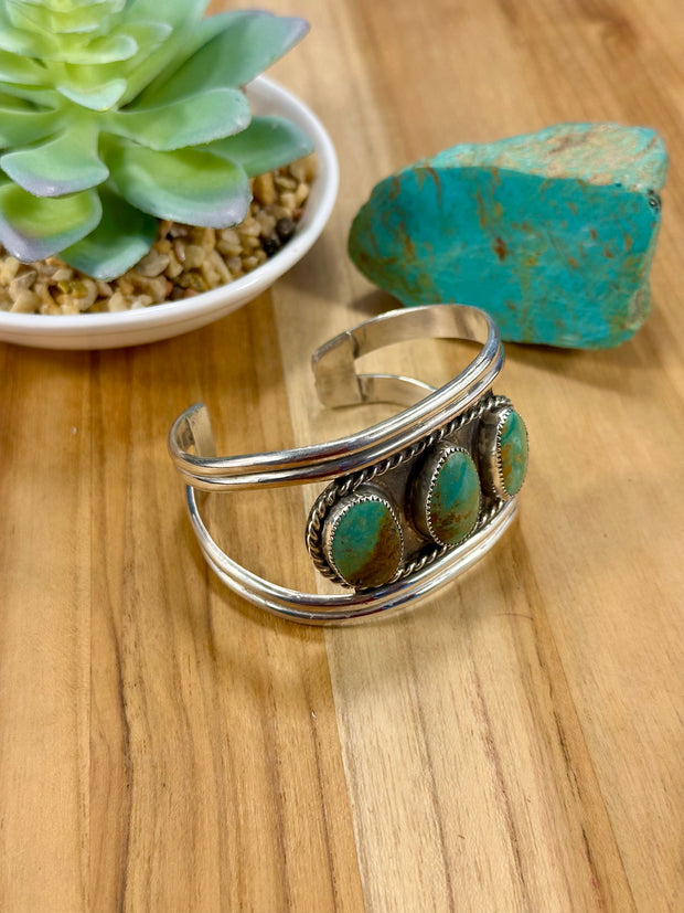 Kingman Turquoise 3 Stone Sterling Silver Cuff Bracelet