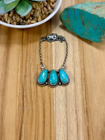 Kingman Turquoise 3 Stone Tear Drop Necklace