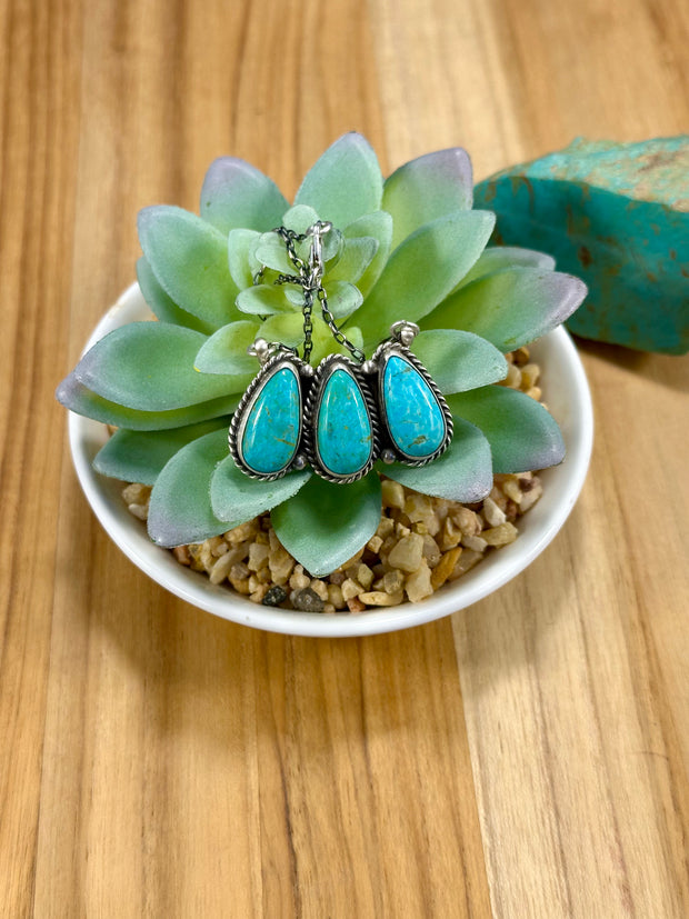 Kingman Turquoise 3 Stone Tear Drop Necklace