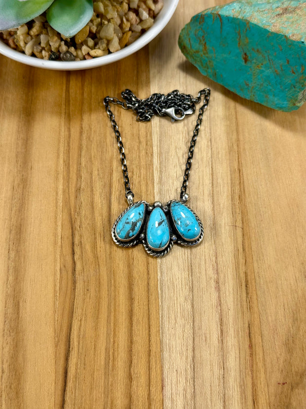 Kingman Turquoise 3 Stone Tear Drop Necklace