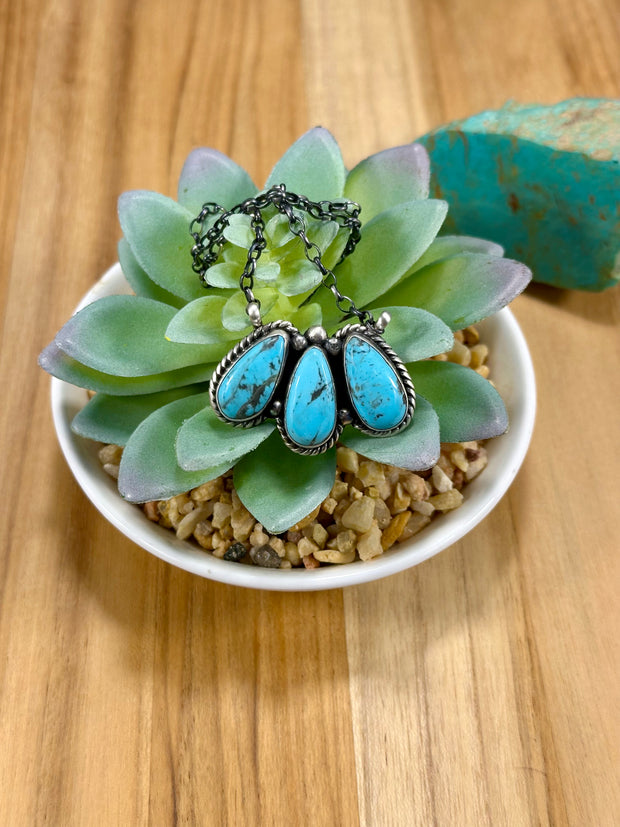 Kingman Turquoise 3 Stone Tear Drop Necklace
