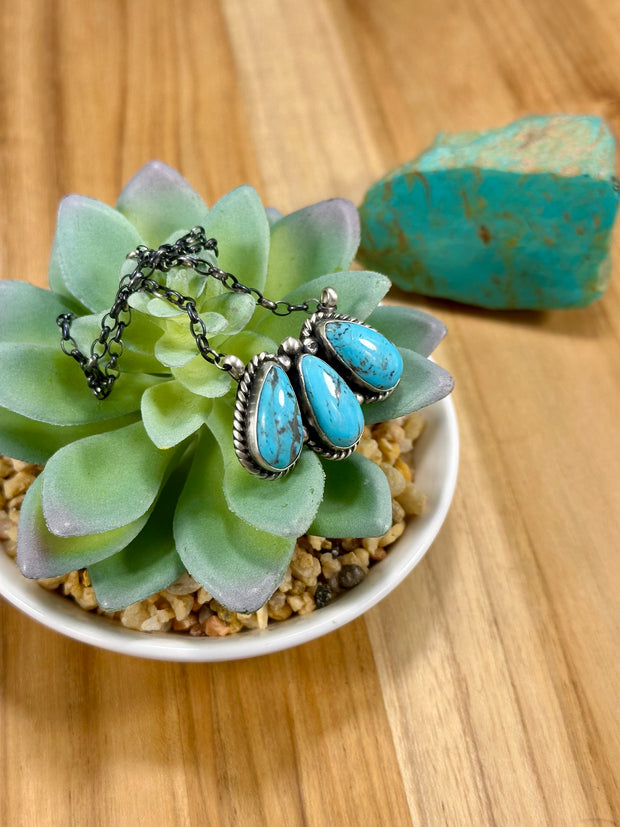Kingman Turquoise 3 Stone Tear Drop Necklace