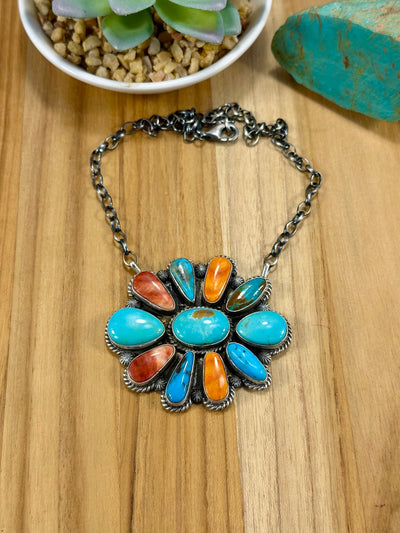 Multi-Color Floral Cluster Pendant Necklace