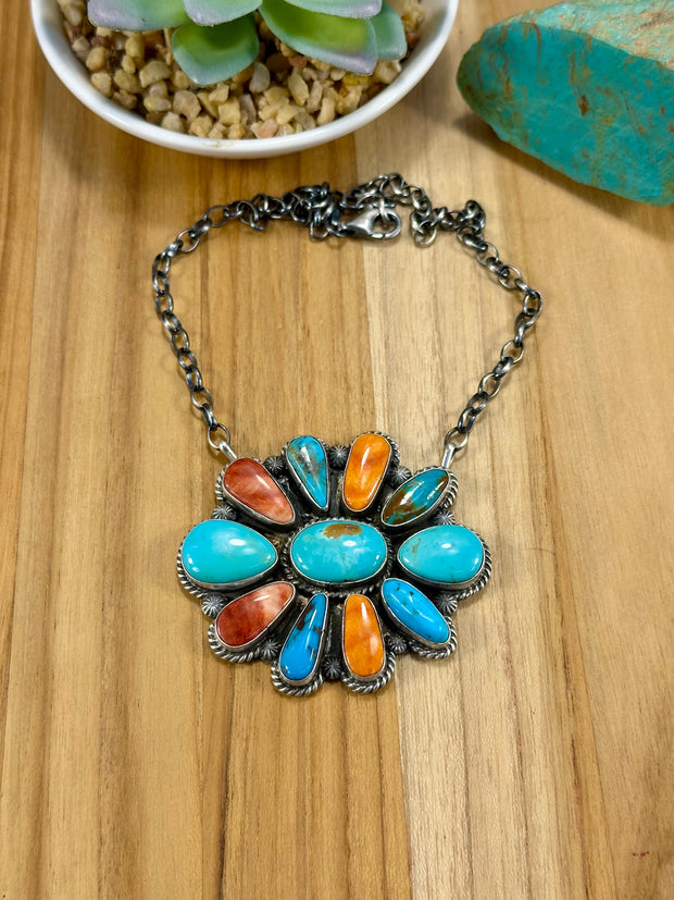 Multi-Color Floral Cluster Pendant Necklace