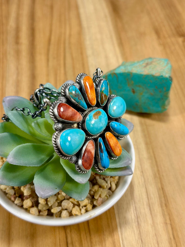 Multi-Color Floral Cluster Pendant Necklace