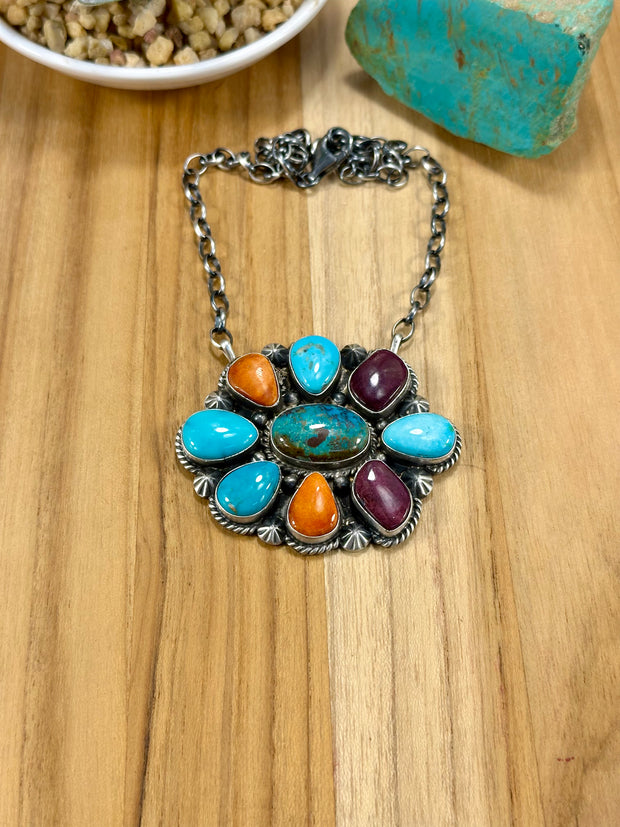 Multi-Color Floral Cluster Pendant Necklace