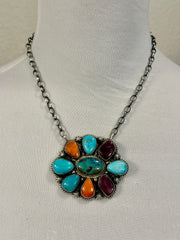 Multi-Color Floral Cluster Pendant Necklace