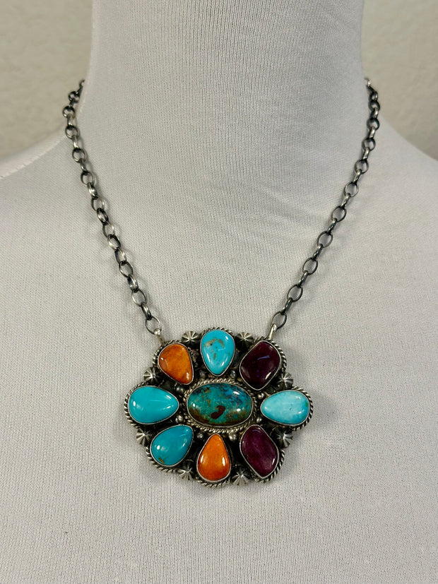 Multi-Color Floral Cluster Pendant Necklace