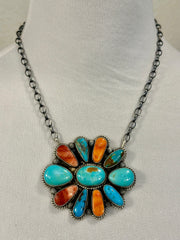 Multi-Color Floral Cluster Pendant Necklace
