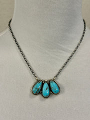 Kingman Turquoise 3 Stone Tear Drop Necklace
