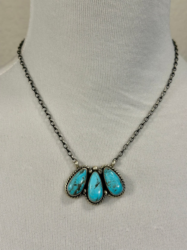 Kingman Turquoise 3 Stone Tear Drop Necklace