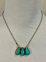 Kingman Turquoise 3 Stone Tear Drop Necklace
