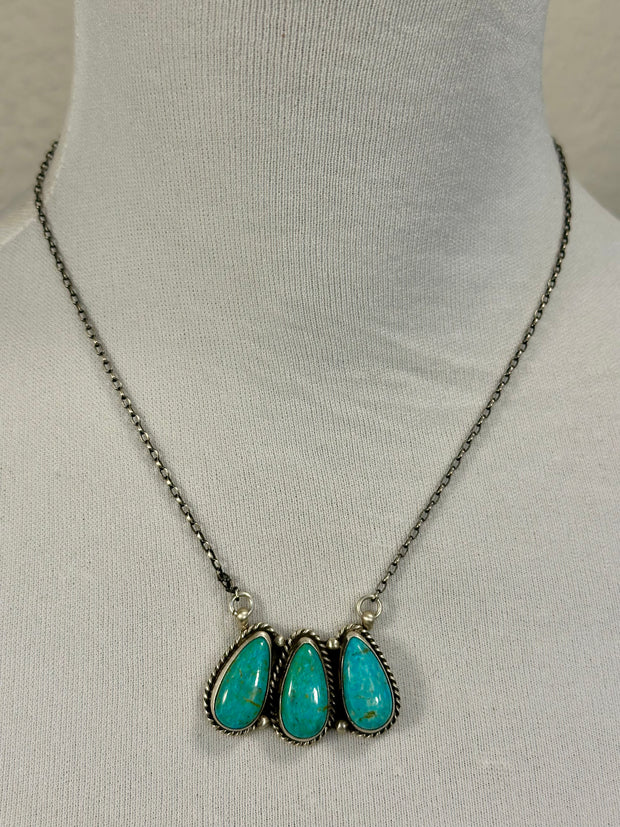 Kingman Turquoise 3 Stone Tear Drop Necklace