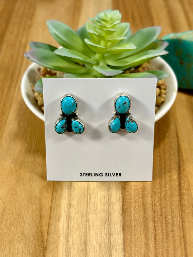 Kingman Turquoise 3 Stone Stud Earrings