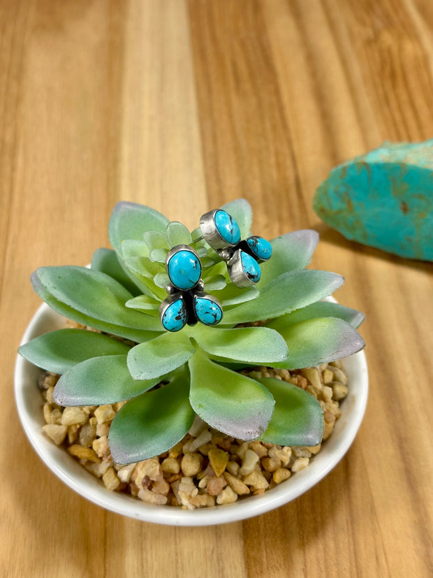 Kingman Turquoise 3 Stone Stud Earrings