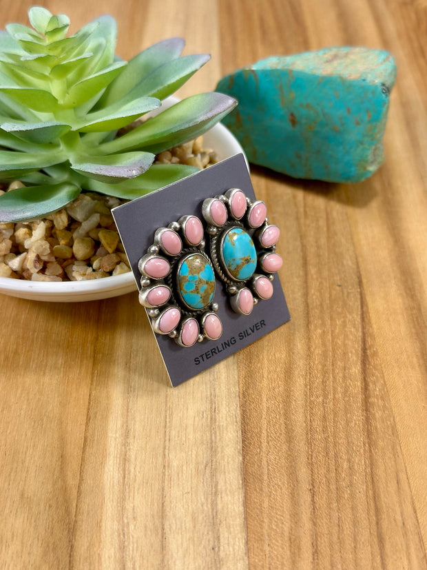 Kingman & Pink Conch Half Cluster Stud Earrings