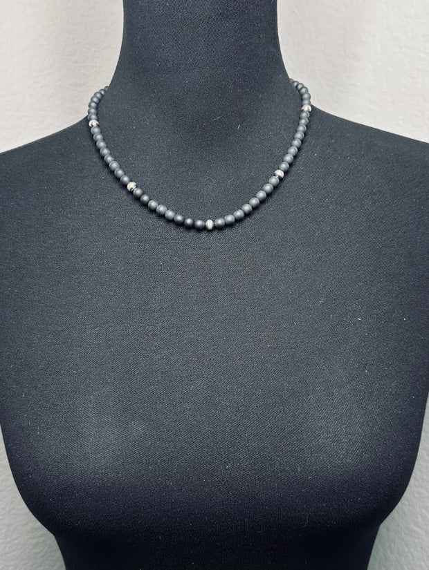 18 inch Matte Onyx and "Navajo Style" Pearl Necklace